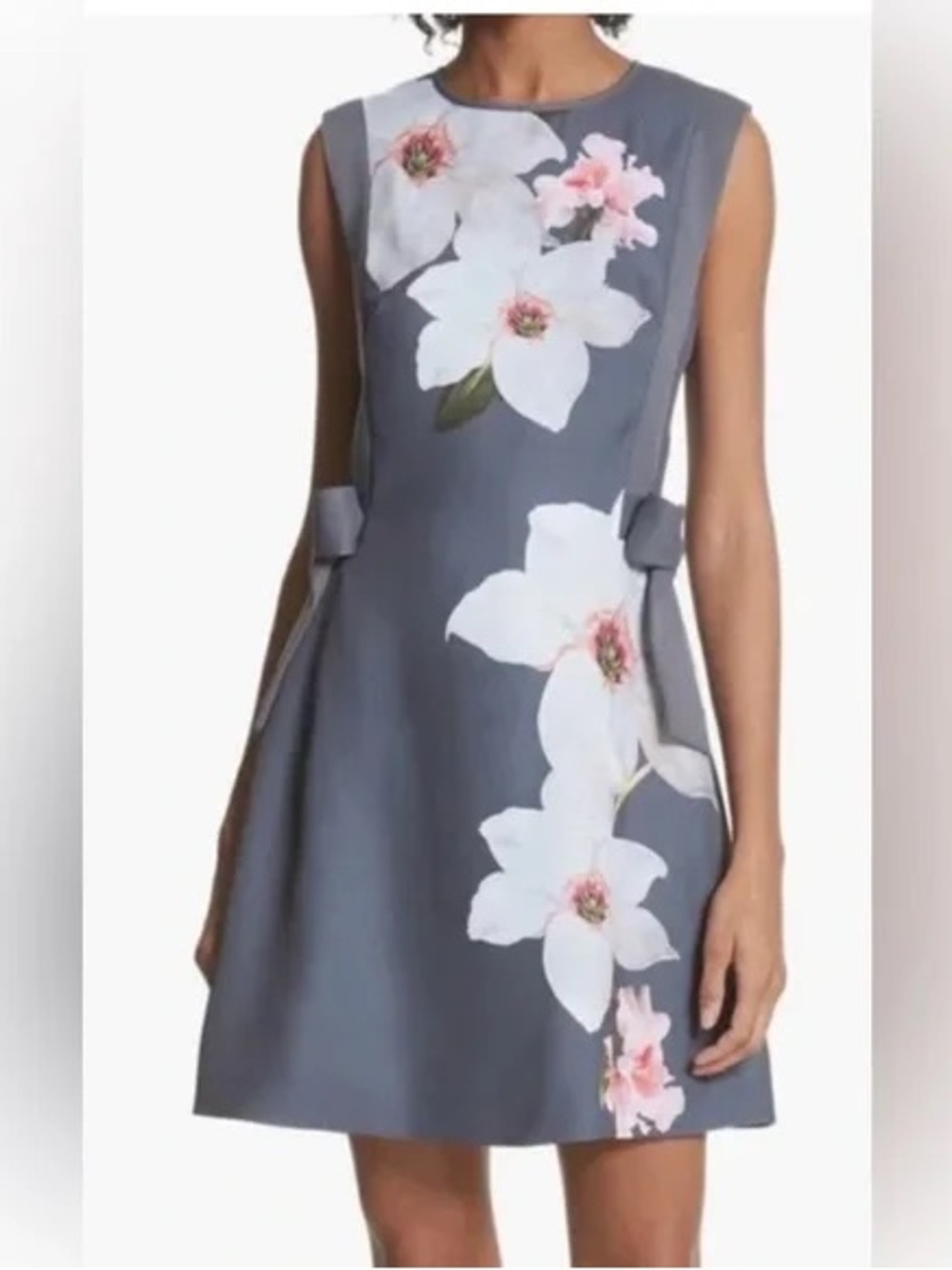 Ted Baker Chatsworth Slate Gray Floral Mini Dress with White & Pink Blooms Sz M
